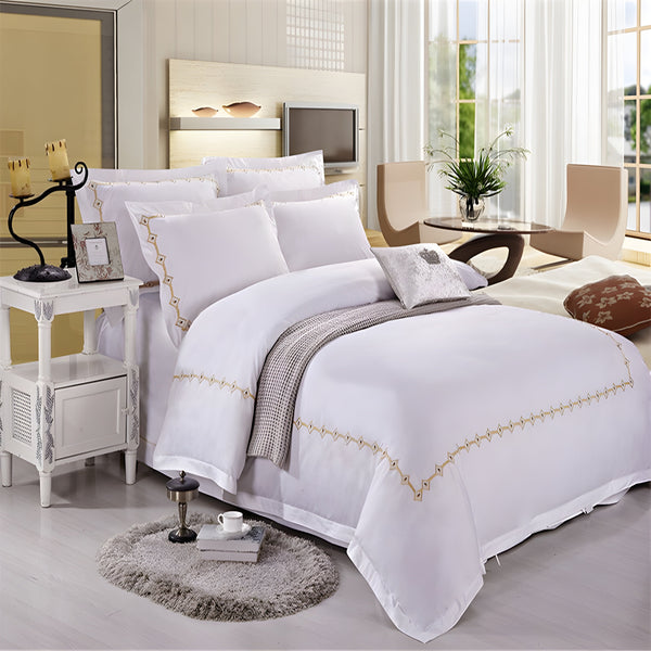 Elegant 400 TC White Duvet Cover Set with Golden Embroidery | Organic Cotton