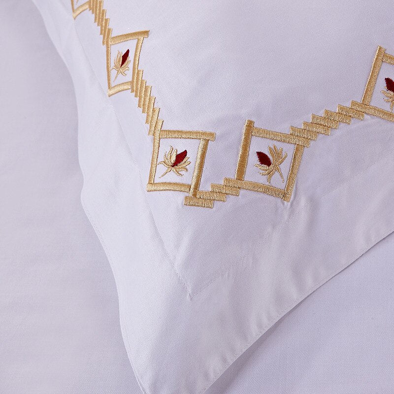 Elegant 400 TC White Duvet Cover Set with Golden Embroidery | Organic Cotton