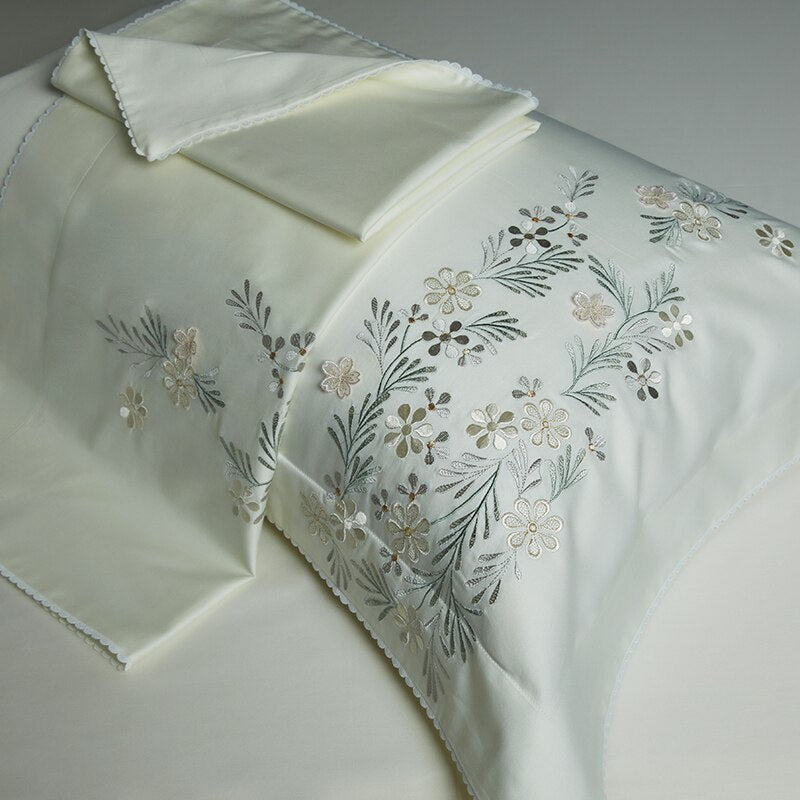 1000 TC Organic Cotton Bedding Set with Floral Embroidery 5 Stars Hotel Grade