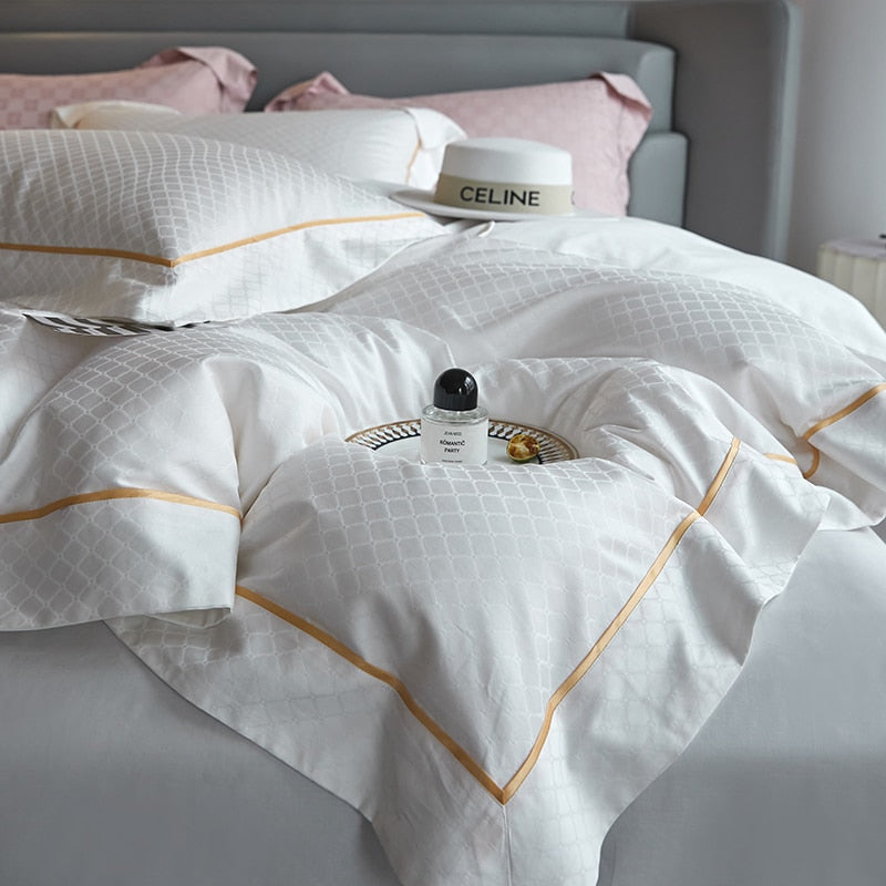 1000 TC Luxury Egyptian Cotton Bedding Set with Gold Embroidery | Hypoallergenic & Jacquard Weave