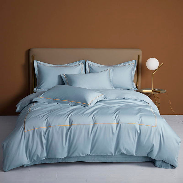 Organic Cotton Bedding Set | Blue Gold Embroidered Duvet Cover 500TC Comforter Bliss Reverie