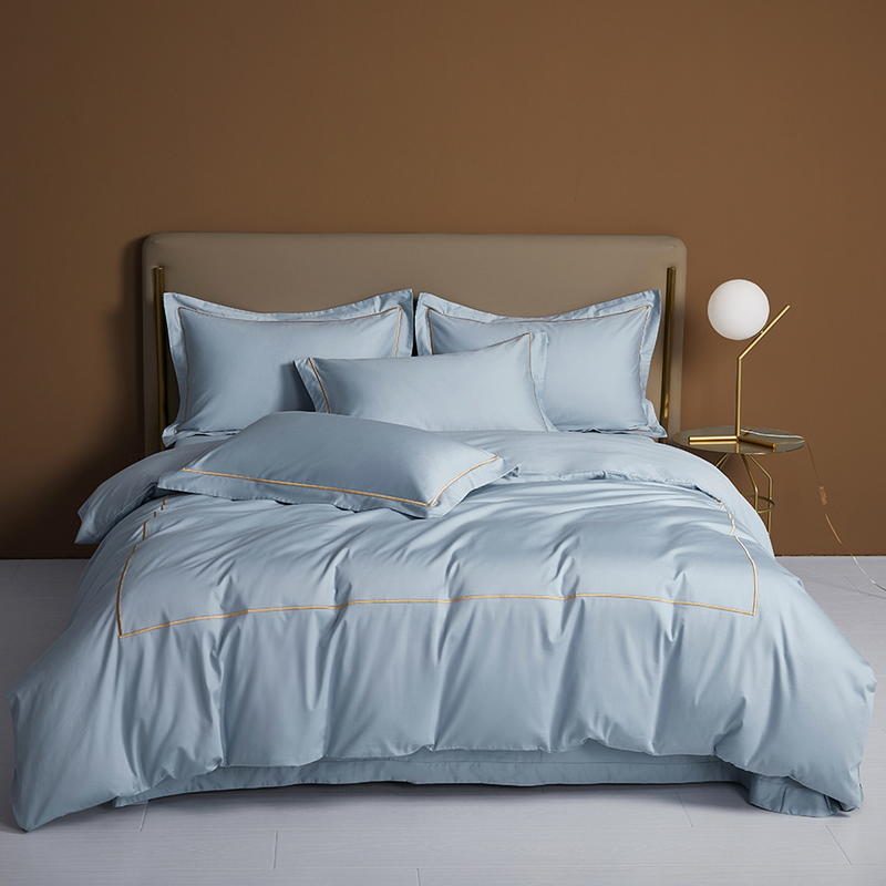 Organic Cotton Bedding Set | Blue Gold Embroidered Duvet Cover 500TC Comforter Bliss Reverie