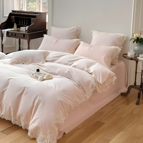 1000 TC Organic Cotton Bedding Set |King And Queen Sizes Luxurious Pink with White Lace Borders