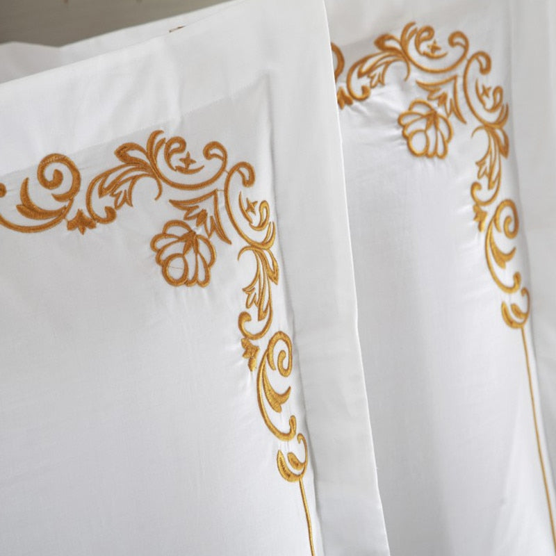 400 TC Ravello Organic Cotton Bedding with Gold Flowers Embroidery | Luxurious White Duvet Set