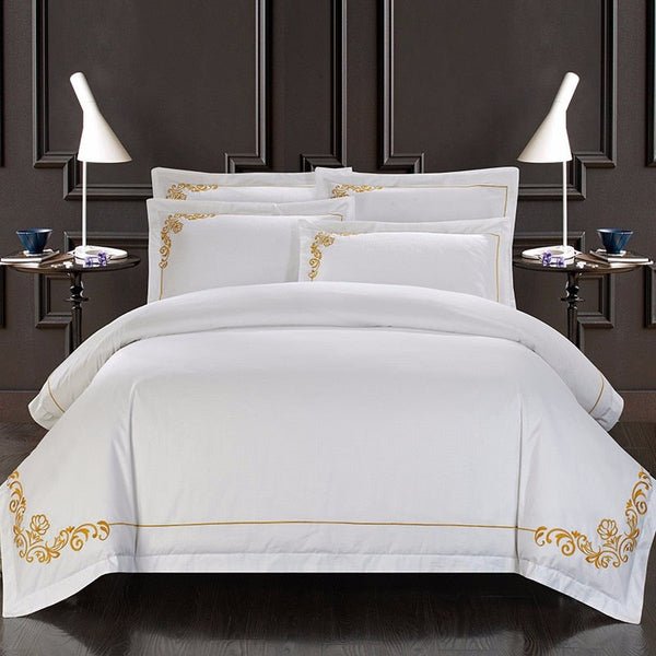 400 TC Ravello Organic Cotton Bedding with Gold Flowers Embroidery | Luxurious White Duvet Set