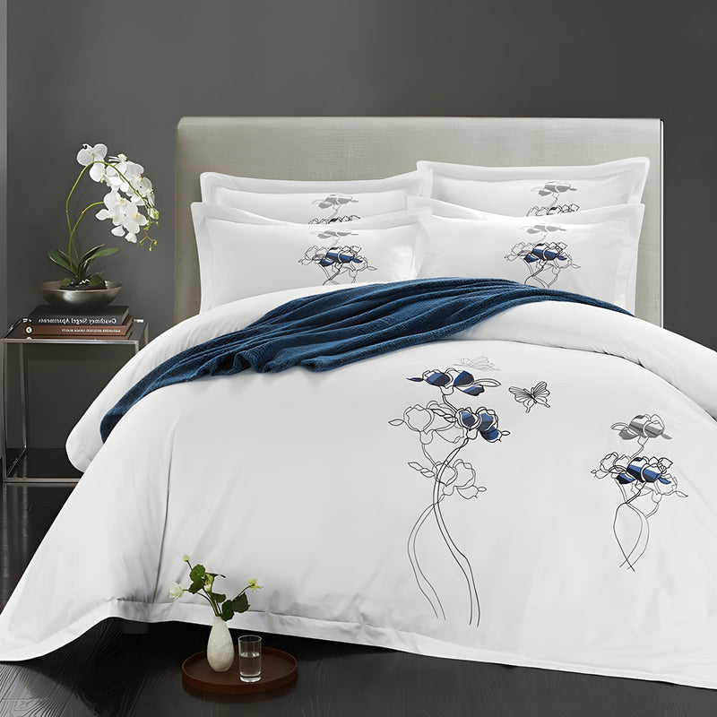 Sirmione Bedding Sets - White Organic Cotton Duvet Cover with Blue Flower Embroidery | 400-Thread Count